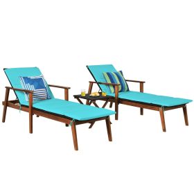 3 Pieces Portable Patio Cushioned Rattan Lounge Chair Set with Folding Table