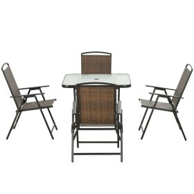 5 Pieces Patio Table and Chairs, Foldable Wicker Outdoor Dining Table Set with Umbrella Hole, Dark Brown