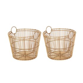 Large Light Natural Open Poly Rattan Storage Basket with Handles, 2 Pack