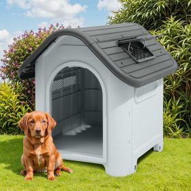 Waterproof Plastic Dog House with Adjustable Skylight and Elevated Floor, Outdoor Indoor Doghouse Puppy Shelter,Gray,30''Lx 23.3''Wx 26"H