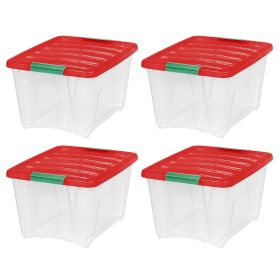 32 Qt Stackable Holiday Plastic Storage Bins with Lids and Latching Buckles Clear Red 4 Pack