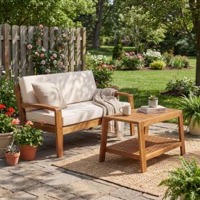 2-Piece Outdoor Teak Acacia Wood Conversation Set - Loveseat & Coffee Table with Beige Water-Resistant Cushions for Patio, Deck & Backyard