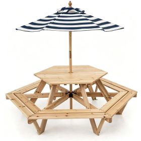 6-Seat Hexagonal Kids Picnic Table with Umbrella, Solid Fir Wood Outdoor Table & Bench Set for Backyard Garden, Age 38