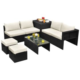 8 Pieces Patio Furniture Set with Storage Box and Waterproof Cover (Color: Off white)