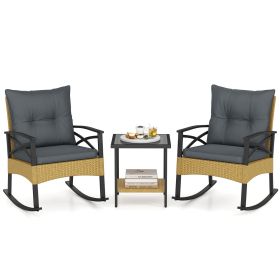 3 Pieces Outdoor Rattan Rocking Chairs Set with  2-Tier Side Table for Garden Backyard (Color: Gray)