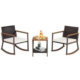 3 Pieces Rattan Rocking Bistro Set with Coffee Table and Cushions (Color: Off white)