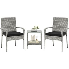 3 Piece Patio Furniture Set with Seat Cushions and Tempered Glass Tabletop for Balcony (Color: Black)