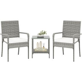 3 Piece Patio Furniture Set with Seat Cushions and Tempered Glass Tabletop for Balcony (Color: White)
