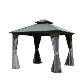 10' X 10' Hardtop Gazebo, Aluminum Metal Gazebo with Galvanized Steel Double Roof Canopy, Curtain and Netting, Permanent Gazebo Pavilion for Pati (Color: as Pic)