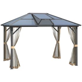 10' x 12' Hardtop Gazebo Canopy with Polycarbonate Roof, Top Vent and Aluminum Frame, Permanent Pavilion Outdoor Gazebo with Netting, for Patio (Color: as Pic)